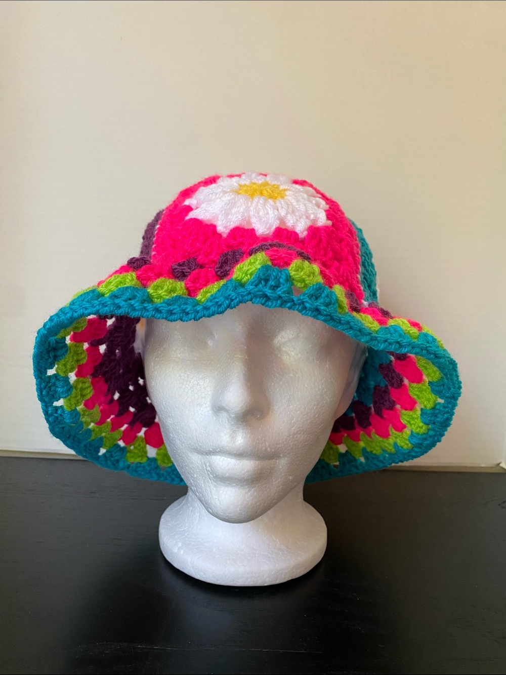 Handmade Granny Square Multicolor Crochet Bucket Hat with Daisy Accents